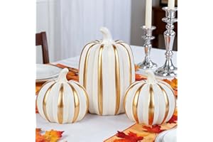 Fangoo Artificial White Gold Pumpkins Statues Fall Tabletop Decorations Indoor 3 Pack Faux Resin Pumpkins for Harvest Autumn Mantel Home Wedding Thanksgiving Halloween Party Table Centerpiece Decor