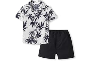 Yoolhamy Garçon Chemise Hawaïenne et short Ensemble d'été imprimé arbre à noix de coco Chemises à manches courtes pour enfants