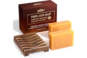 POP MODERN.C Kojisäure-Seife für Gesicht und Körper, feuchtigkeitsspendende Kurkuma-Seife gegen Akne, schwarze Flecken, Mitesser, 2 Seifen à 100 g, 1 Netz-Seifenbeutel und 1 Seifenschale aus Holz