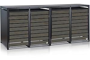 Zelsius Mülltonnenbox 4 Tonnen | 120-240 Liter | Anthrazit RAL 7016 | Tür in dunkelgrauer Holzoptik inkl. Erweiterungsmöglichkeit | Aufbewahrungsbox für Mülltonnen, Mülltonnenbox 4er