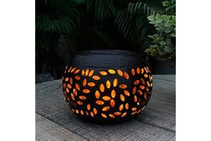 pearlstar Solar Lights Outdoor Garden Vintage Metal Solar Light Table Lantern with Realistic Flickering Flame LED Decorative Outdoor Lamp Waterproof Flame Effect Solar Garden Ornaments(1 Pack Black)