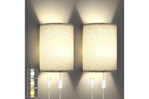 ‎LIGHTESS Lightess 2Pcs Dimmbare LED Wandleuchten mit Schalter, Plug in Wandlampe Modern Dimmbar, Beige Stoffschirm, E27, für Schlafzimmer Wohnzimmer Hotel Flur, Warmweiß, Kaltweiß, Neutralweiß(2700K-6500K)