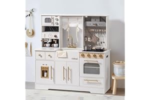 ROBUD Zestaw do zabawy dla dzieci, realistyczna kuchnia drewniana, duży, z piekarnikiem, ekspresem do lodów, ekspresem do kawy, naczyniami itp., prezent dla dzieci od 3 lat, biały