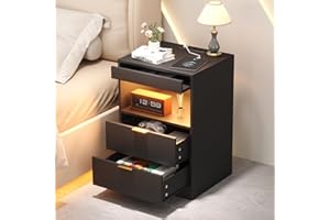 Yusong LED Nightstand Bedside Table with Charging Station 2 Drawers, Black Modern Sofa Couch End Side Table with Lights and Pull-Out Shelf for Bedroom Living Room, Wooden