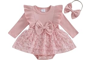 MAHUAOYIXI 2 Pezzi Elegante Bimba Tutina Neonata Vestito Cerimonia Abito In Pizzo Ricamo Floreale Romper Neonata Tutu Mesh Bodysuit Tuta Tulle Battesimo Jumpsuit + Fascia Bowknot Bimba