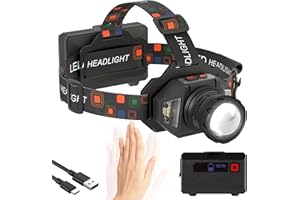 Shayson Linterna Frontal Súper Brillante, Linterna Frontal Potente con Sensor, Ajustable a 90° y 9 Modos de Luz, Extra largo de Autonomía, IPX4 Impermeable, Perfecta para Camping, Ciclismo, Pesca