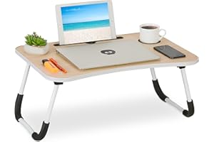 Relaxdays Stolik pod laptopa na kanapę, składany, uchwyt na tablet, uchwyt na napoje, stolik do łóżka, wys. x szer. x gł.: 26 x 63 x 40 cm, naturalny/biały
