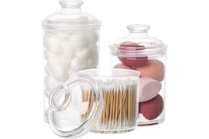 Lyellfe Set of 3 Acrylic Apothecary Jars, Vanity Organizer Canister with Airtight Lids, Bathroom Qtip Holder, Clear Storage Jar for Candy, Bath Salt, Cotton Ball, Cotton Swab, 34 oz, 25 oz, 17 oz