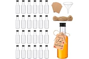 BOSCOW Kleine Flaschen zum Befüllen, 24 Stück 50ml Mini Shot Flaschen mit Deckel, Kunststoff Likörflaschen, kleine Schnapsflaschen, inklusive 15m Juteschnur, 40 Anhängern und Trichter
