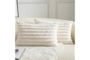 Mandioo Pack of 2 Decorative Cushion Covers 30cm x 50cm Faux Fur Striped Plush Soft Throw Pillow Covers Pillow Cases Bedroom Living Room Sofa Home 12x20 Inch Cream White