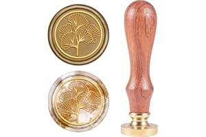 craspire Tampon de Cire, Tampons de Cire à Cacheter Feuille de Ginkgo Rétro Bois Tampon Cachet de Cire 25mm Amovible Joint en Laiton Manche en Bois pour Enveloppes Invitations Embellissement