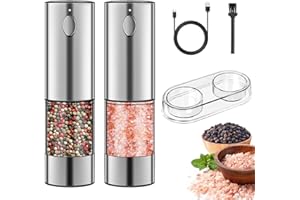 Sliver Glass with Base Electric Salt and Pepper Grinder Set,Haomacro USB Rechargeable Pepper Mill Salt Grinder,Electric Pepper Grinder,Refillable Salt and Pepper Shakers 2 Pack