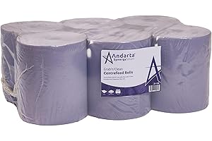 Andarta - Grab 'n' Clean Blue Centrefeed Rolls - Pack of 6 - Single Sheet Dispensing - High Capacity Coreless 1Ply Blue Roll - Compatible with Grab 'n' Clean Dispenser - Disposable Paper Towels