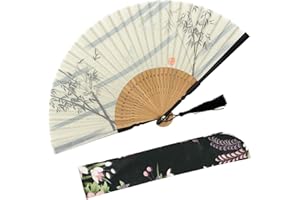 OMyTea "Landscape Folding Hand Held Fan for Women - Chinese/Japanese Vintage Retro Style for Wedding, Dancing, Church, Party, Gifts - With a Fabric Sleeve for Protection (Bamboo Forest - White)