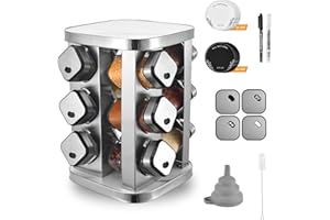 LXUDN Gewürzregal Drehbar 360° Edelstahl,Gewürzkarussell Mit 12 Gewürzgläser Eckig,Gewürz Organizer Stehend,Marmorstreifen-Deckel,Gewürzdosen Mit Streueinsatz,Edelstahl-Schwenkdeckel-Gewürzglas