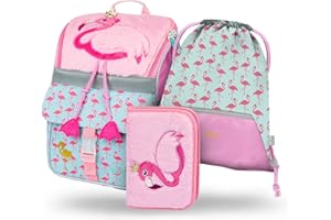 Baagl Schulranzen Mädchen Set 3 Teilig, Zippy Schultasche ab 1. Klasse, Grundschule Ranzen mit Brustgurt, Ergonomischer Schulrucksack (Flamingo)