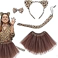 Azonee Leopard Costume Suit for Kids, 4Pcs Children's Animal Costume, Tutu Skirt with Animal Ear Headband Tail Bow Tie Carnival Cosplay Costume Halloween Christmas Party Animal Costume for Girls
