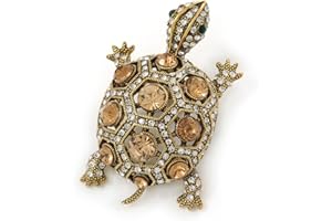 Avalaya Vintage Inspired Clear/Citrine Austrian Crystals Turtle Brooch in Antique Gold Metal - 55mm L
