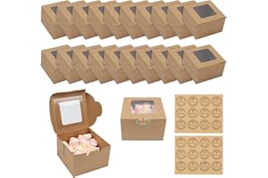 JOYSKY 20 brązowych pudełek na babeczki z okienkami i 24 naklejkami na babeczki, desery, wypieki, ciastka, małe ciasta, słodycze, ciasta i prezenty, 20 sztuk