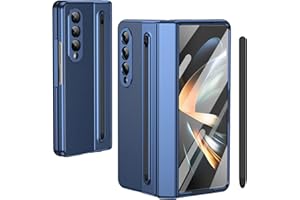 BAILI pour Galaxy Z Fold4 Étui avec Stylet et Emplacement pour Stylet, Protecteur d'écran trempé + Protection de charnière Housse en Cuir pour Samsung Galaxy Z Fold4-Bleu