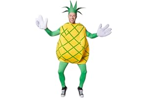 TECTAKE dressforfun Disfraz de piña unisexo | Parte superior sin mangas y con rayas verdes en cruz | Manoplas grandes y divertidas | Incl. Sombrero en forma de corona de hojas (M | No. 301631)