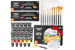 Shuttle Art 47 Set Colori Acrilici, 24ml X 15 Colori Acrilici per Dipingere con 10 Pennelli 1 Paletta 1 Spugna 3 Tela 1 Spatola, Vernice Pittura Acrilica Professionale per Adulti e Bambini