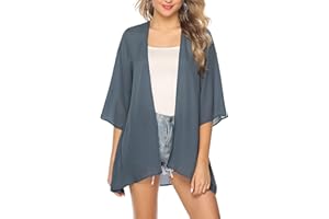 Irevial Kimono Mujer Cardigan Mujer Verano Manga 3/4 Playa Cardigan Boho Style Suelto Chal de Gasa Ropa de Baño Cover Up Kimono Bikini Cover
