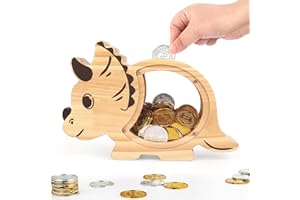 Foyucool Wooden Money Box with Clear Acrylic Window, Friendly Triceratops​ Piggy Bank for Kids | Personalised with DIY Stickers, Learning Savings for Boys & Girls, Birthday Idea