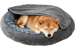 The Fellie Dog Bed Large, Fluffy Donut Dog Bed with Non-Slip Bottom, Calming Cat Sofa Beds Self-Warming with Hood, Soft Plush Washable Cat Beds for Indoor Cats, Grey, 70X70X19cm