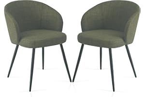 Weegstok Set of 2 Chunky Weave Fabric Upholstered Dining Chairs with Arms and Metal Legs for Dining Room, Kitchen, Living Room, Home Office (2, Green)