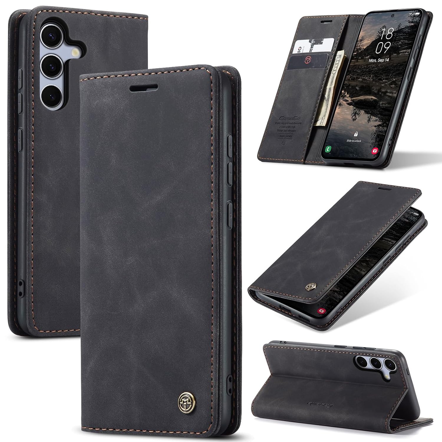 Azororo Beschermhoes voor Samsung Galaxy S25 5G, premium lederen beschermhoes, portefeuille, flip case, magneetsluiting, beschermhoes voor Samsung Galaxy S25, zwart
