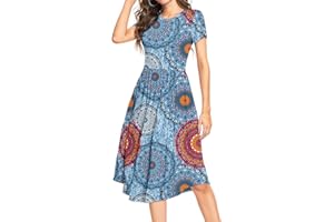 DEARCASE Vestito a Tunica a Maniche Corte da Donna Motivo a Pois Scollo Rotondo Vestito Midi per L'Estate Stile Scampanato Casual con Tasche