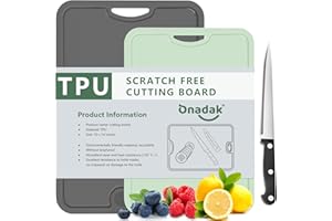 Onadak Flexible TPU Chopping Board, BPA Free with Knife and Juice Groove, Scratch Resistant Flexible Chopping Boards for Kitchen, Dishwasher Safe, Grippy Handle, Non-Slip(M-Dark Grey + S-Green)
