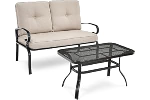 RELAX4LIFE Garden Loveseat and Table Set, Metal Frame 2 Seater Outdoor Furniture Set with Cushion & Armrest, Patio Bench Conversation Set for Backyard Park Poolside (Beige Cushion)