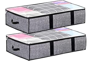 MACZ GROUP 𝗠𝗮𝗰𝘇 𝗚𝗿𝗼𝘂𝗽 Underbed Storage Bags with 2 handles, Stainless steel zippers, large capacity and clear window for Clothes, Blankets and Shoes - 90L Non-Woven Pack of 2 Underbed Storage with Lids