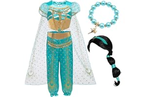 IWFREE Prinzessin Jasmin Mädchen Kostüm mit Perücke Armbänder für Kinder Cosplay Halloween Karneval Prinzessin Geburtstag Party Verkleidung Aladdin Tanzen Oberteil und Hose im Set 3-9 Jahre