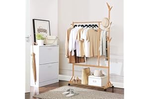 VOWNER Appendiabiti, Appendiabiti in Bambù, Appendiabiti da Terra Legno, 107x37x189cm, Stand Appendiabiti con Ruote/Ripiani Elastici e 8 Ganci, Girevole a 360°, Porta Abiti da Camera (Naturale)