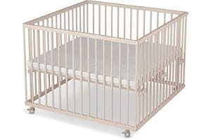 Sämann Laufstall Baby 100x100 cm mit Matratze | TÜV geprüft 2023 | stufenlos höhenverstellbar | Laufgitter Premium | Babybett aus Holz | Krabbelgitter natur