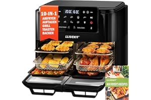 LLIVEKIT Freidora de Aire sin Aceite 12 L, Air Fryer con Pared Extraíble, Opción de dividir la Cubeta en 2 de 5,5L, 10 en 1 Horno de Aire Caliente, con Tecnología Sync Finisch & Dual Cook, 2400W