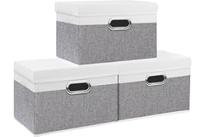 Yawinhe Storage Box with Lids 3 Pack, Collapsible Clothing Shelf Basket Box, for Organizing Clothes, 32x23x20cm, White/Grey, SNK023WG-3