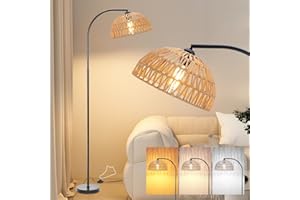 Winverty Boho Floor Lamp Living Room 165 cm Vintage Floor Lamp with Adjustable Rattan Lampshade & Foot Switch, Floor Lamp Retro E27 Socket for Bedroom Office