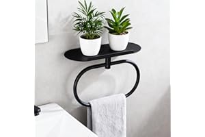 DIYZON Towel Ring with Shelf, Stainless Steel Bath Towel Rings, Self Adhesive Hand Towel Ring for Bathroom, Wall Mounted Towel Hanger for Bathroom Kitchen (Black)
