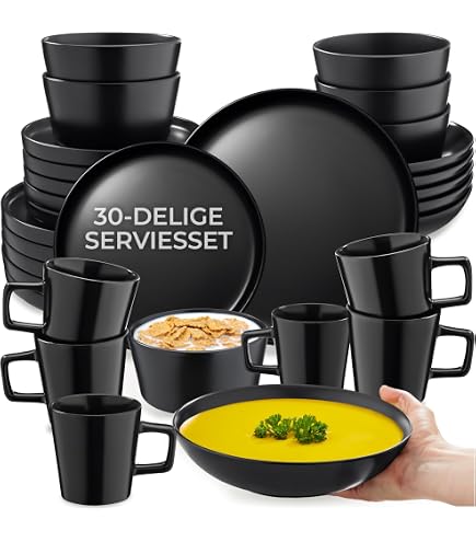 MamboCat Lampart Nero – Service 18 Assiettes Noires Mat Pour 6 Personnes | Style Ethnique Moderne Ultra Élégant En Grès