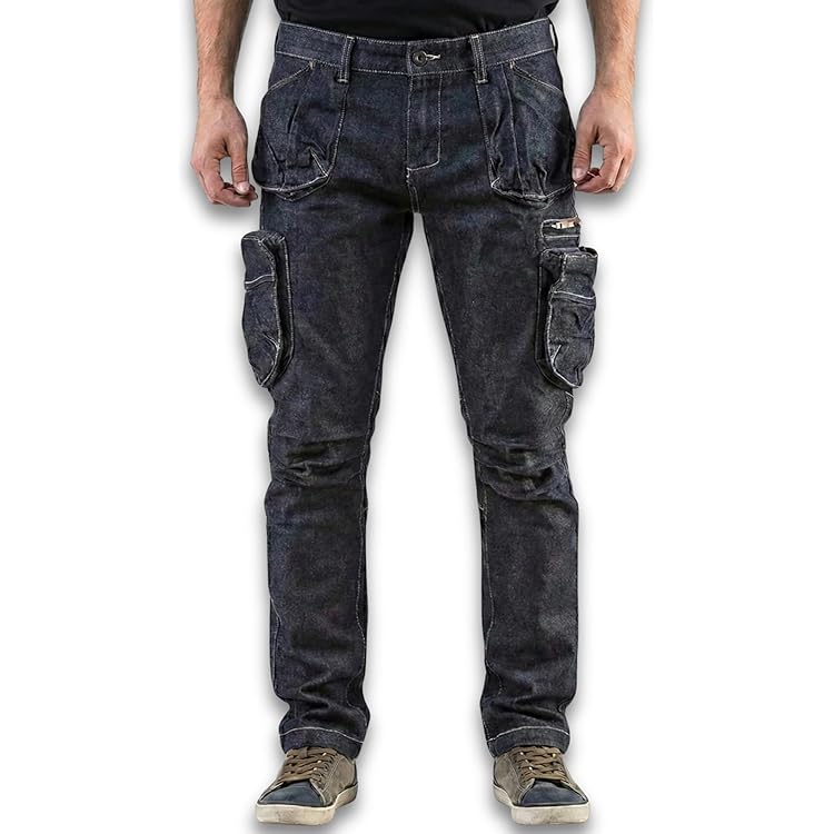 NEO TOOLS Denim werkbroek heren met riem - Oxford stof - Zak voor kniebeschermer - Duurzame & Universele werkbroek met meerdere zakken - Jeans werkbroek heren stretch, Donkerblauw, 52