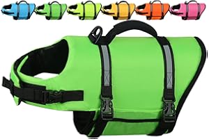 AMZNOVA Rip Stop Dog Life Jacket, Dog Buoyancy Aid for Swimming & Boating, Lightweight & Buoyancy for Doggy, Life Vest with Handle, XS, Bright Green