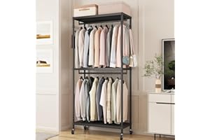 Enjinkail 200cm Tall Heavy Duty Clothes Rail, Metal Open Wardrobe with 3 Shelves and 2 Rods, Max Load 500LBS, Tall Freestanding Coat Stand, Portable Tidy Rails for Bedroom (90cm Wide)