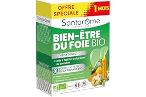 Santarome Bio - Bien-Être du Foie | Complément Alimentaire Digestion | Drainant & Antioxydant - Plantes Bio - Artichaut, Radis Noir, Pissenlit - Hépatonic | 30 Ampoules | Made In France