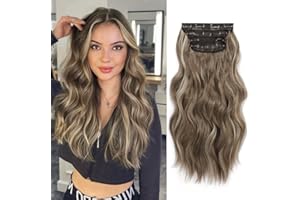 MORICHY Hair Extensions Clip in 4pcs Ash Brown with Highlights Hair Extension Long Wavy Full Head Clip in Hair Extension Synthetic Fiber Hair Pieces for Women