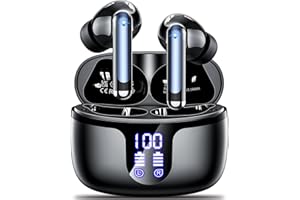 MONYHIGH Auriculares Inalámbricos Bluetooth, 2024 Auriculares Bluetooth 5.3 HiFi Estéreo con 4 HD Mic, 50H Cascos Inalámbricos Bluetooth con función de reducción de Ruido, IPX7 Impermeable, Pantalla LED Negro