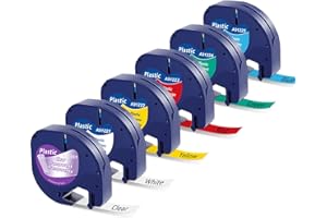 MARKFIELD 6X Compatible for Dymo LetraTag Plastic Label Tape 12mm x 4m Band Compatible for Dymo LetraTag LT-100H LT-100T LT-110T QX 50 XR XM 2000, Black on Clear/White/Yellow/Red/Blue/Green